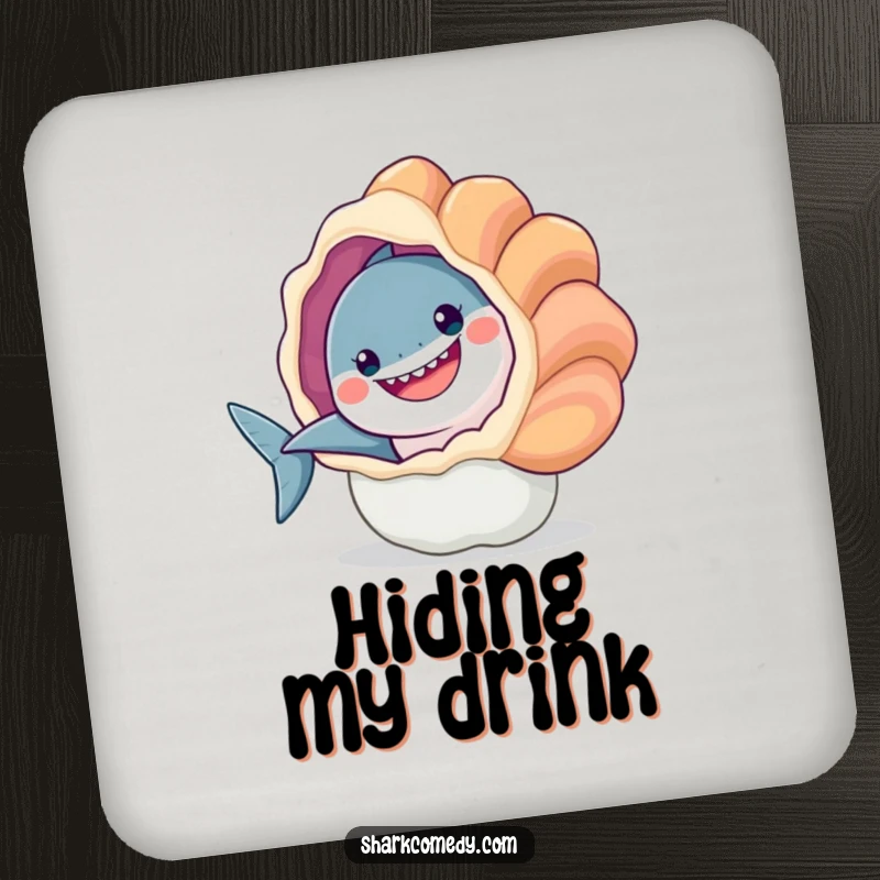Funny coaster design: a smiling shark peeking out from behind a giant seashell. Protects surfaces with charm and humor.