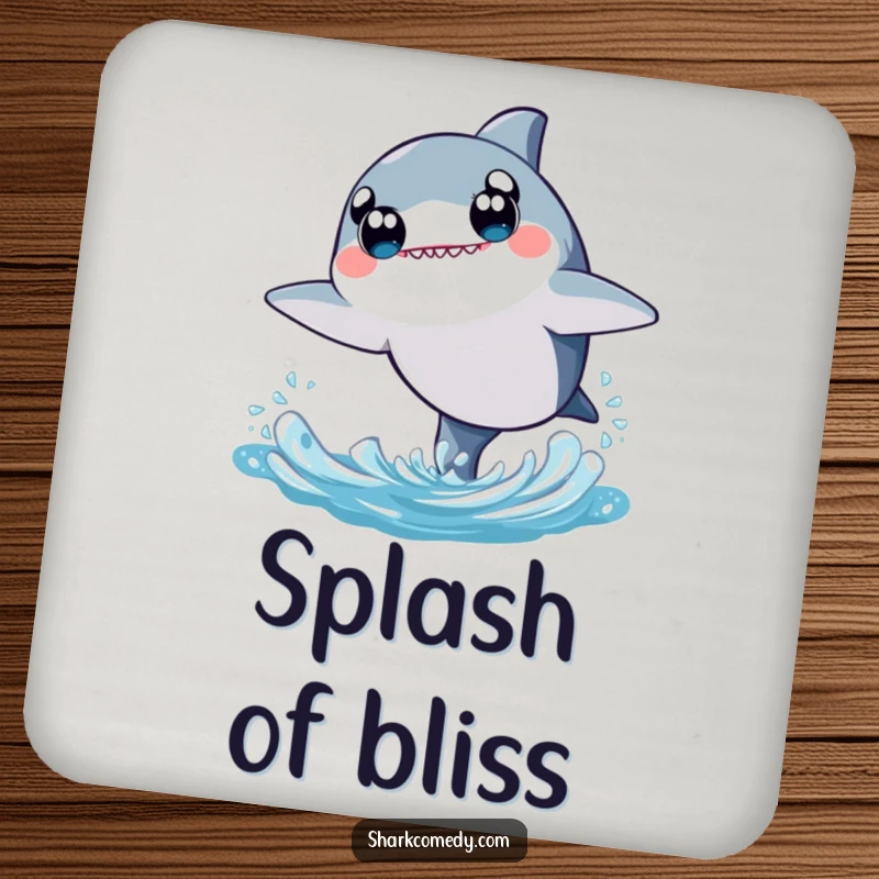 Cute kawaii shark coaster featuring a shark with wide eyes, joyfully leaping from water, adding a touch of charm to beverage placement.