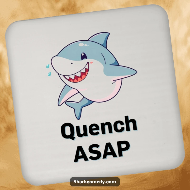 Funny drink coaster depicting a happy, determined shark sprinting with sweat flying, protecting surfaces with energetic humor.