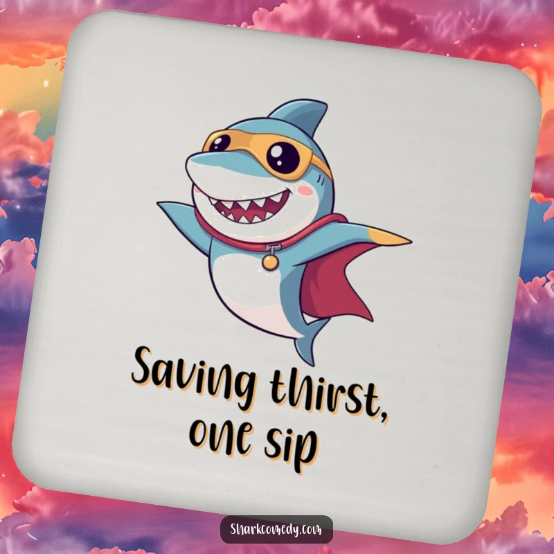 Funny superhero shark drink coaster with a dramatic cape pose, providing surface protection with heroic and humorous flair.