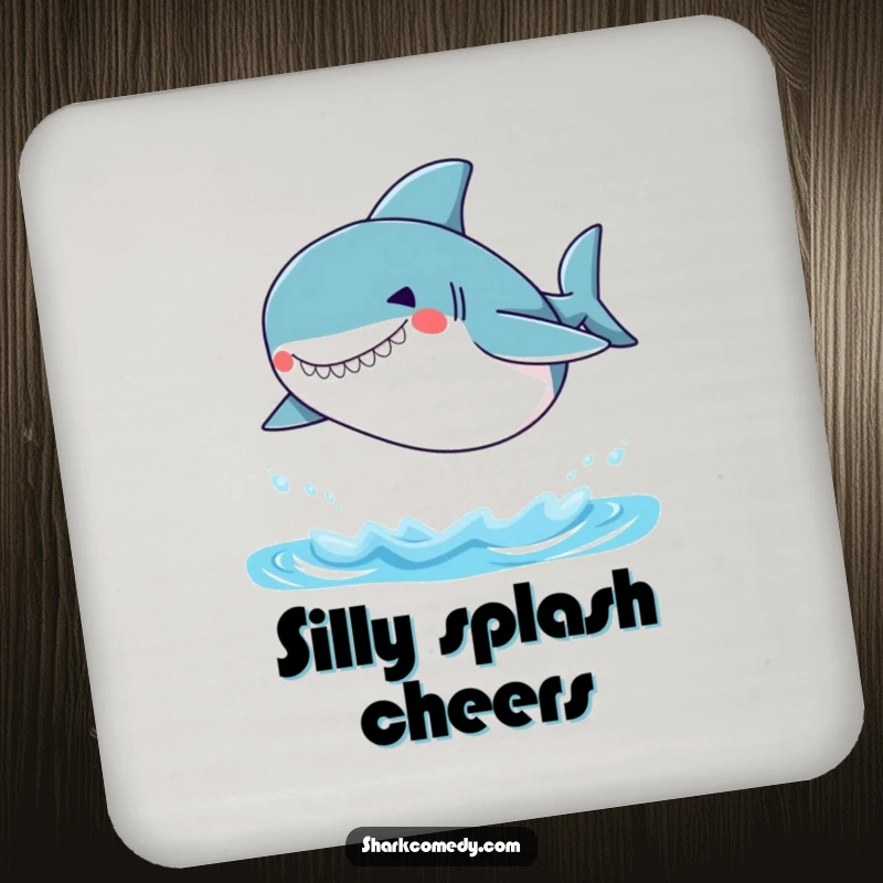 Funny Small Shark Coaster featuring a small shark with a silly grin, leaping out of the water, protecting surfaces with charm.