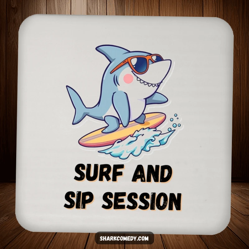 Funny cool shark drink coasters featuring a shark wearing sunglasses, surfing a tiny surfboard, adding humor and protecting surfaces.