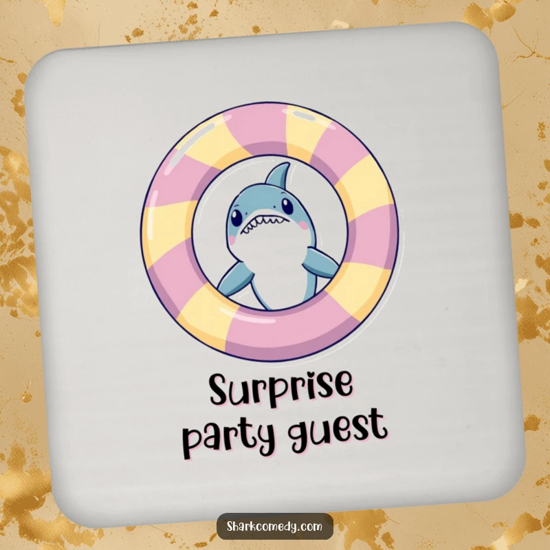 Funny shark peeking from an inflatable ring, illustrated on a protective drink coaster, adding playful humor to gatherings.