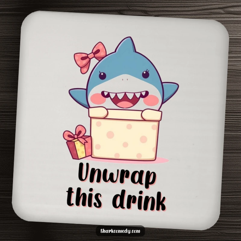 Funny kawaii shark drink coaster featuring a shark peeking from a gift box with surprise, adding humor and protection.