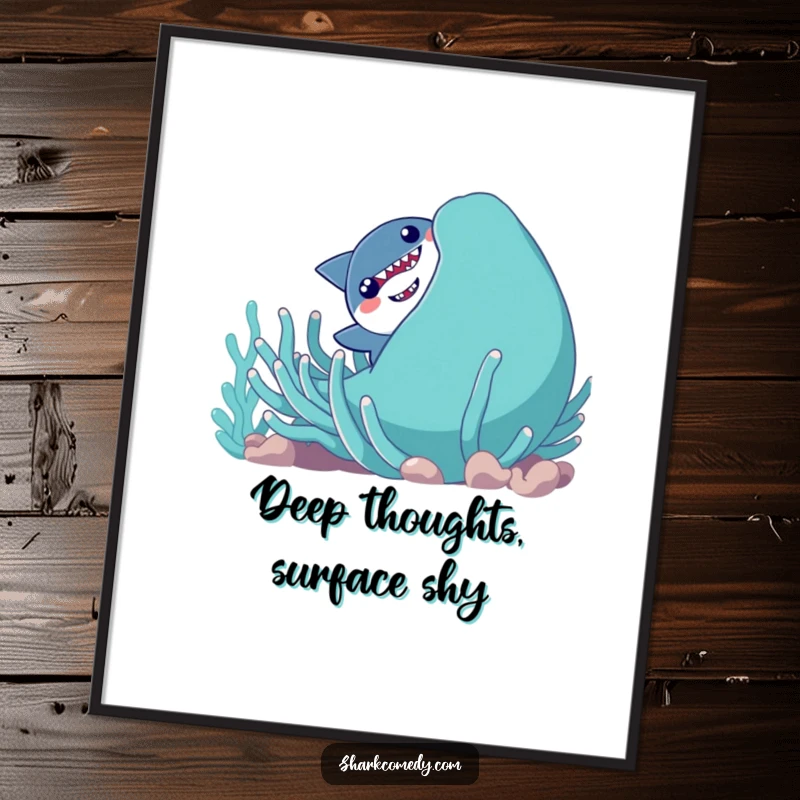 Funny shy shark character peeking out from behind a huge smiling sea anemone, displayed as humorous wall art.
