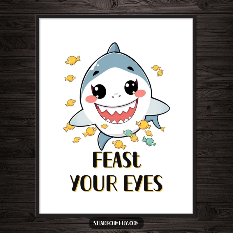Funny poster of a kawaii shark with a wide grin, juggling tiny fish, perfect for adding a whimsical and humorous touch to any room.
