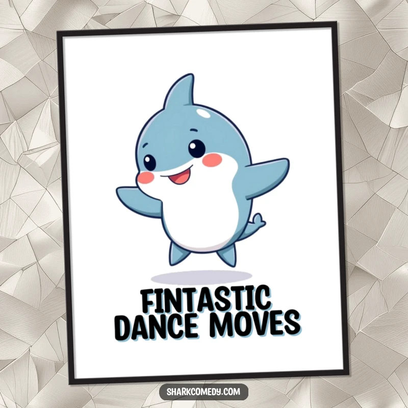 Funny Kawaii shark poster, a cute shark doing a silly dance with fins waving, adding energetic, humorous decor.