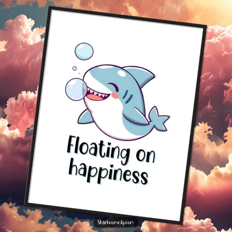 Funny Kawaii shark poster, a cute shark joyfully playing with a single bubble, creating a peaceful, humorous scene.