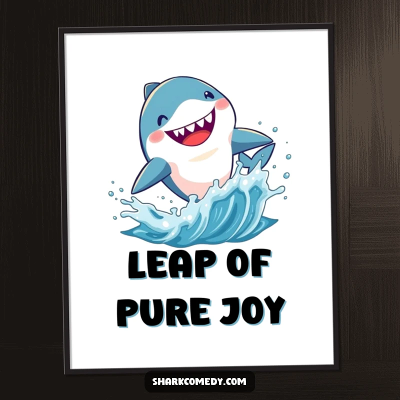 Funny Kawaii shark poster, a cute shark energetically leaping from splashing water, capturing a moment of aquatic joy.