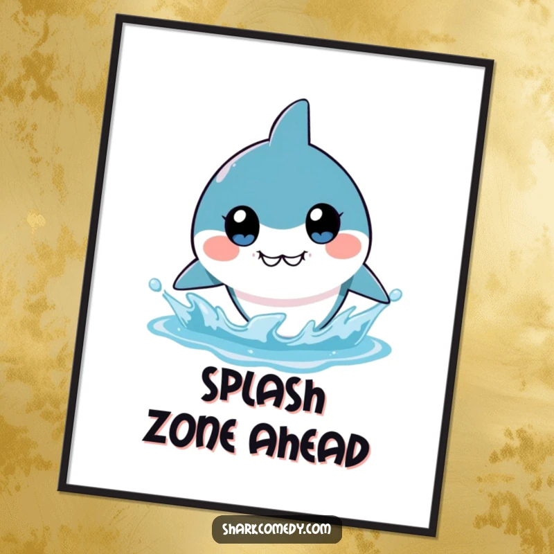 Funny kawaii shark art print featuring big, wide eyes anticipating a dramatic water splash, ideal for humorous wall decor and as a gift.