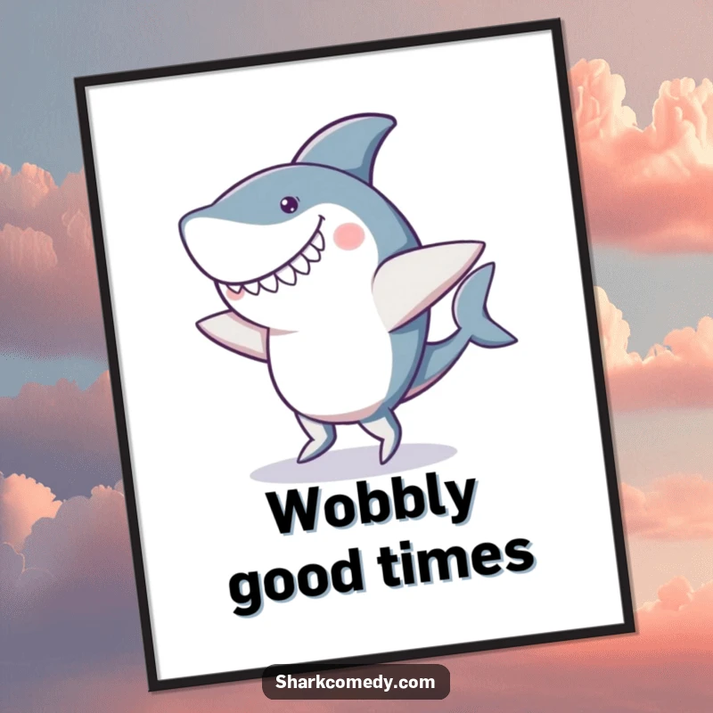 Funny poster illustrating a shark in the middle of a very clumsy, wobbly dance, complete with a goofy grin and flailing fins.