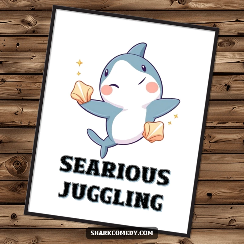 Funny shark poster, art depicting a shark winking and expertly juggling three shiny seashells, showcasing underwater entertainment.