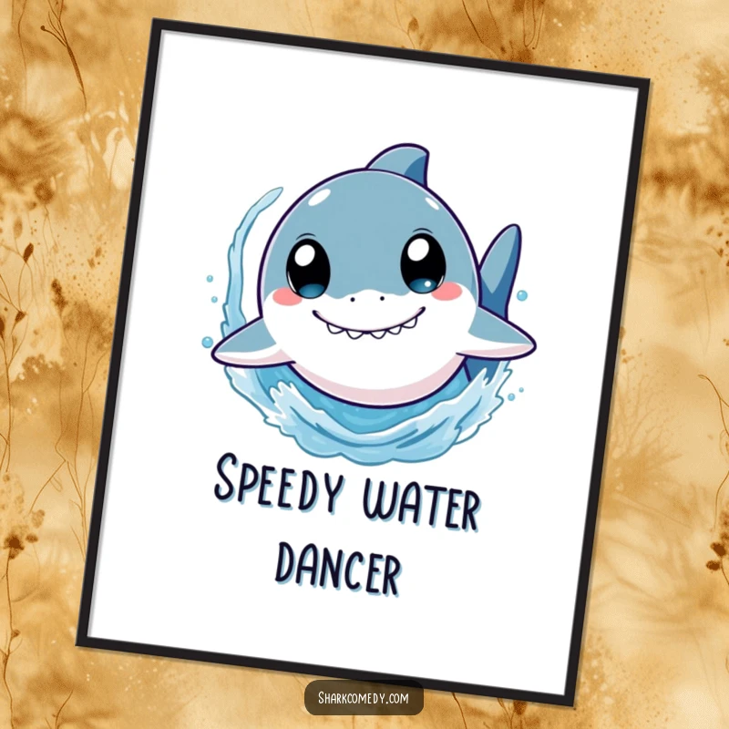 Funny shark poster art of a cute character with wide eyes, swimming vigorously and splashing water, perfect for adding a playful touch to walls.