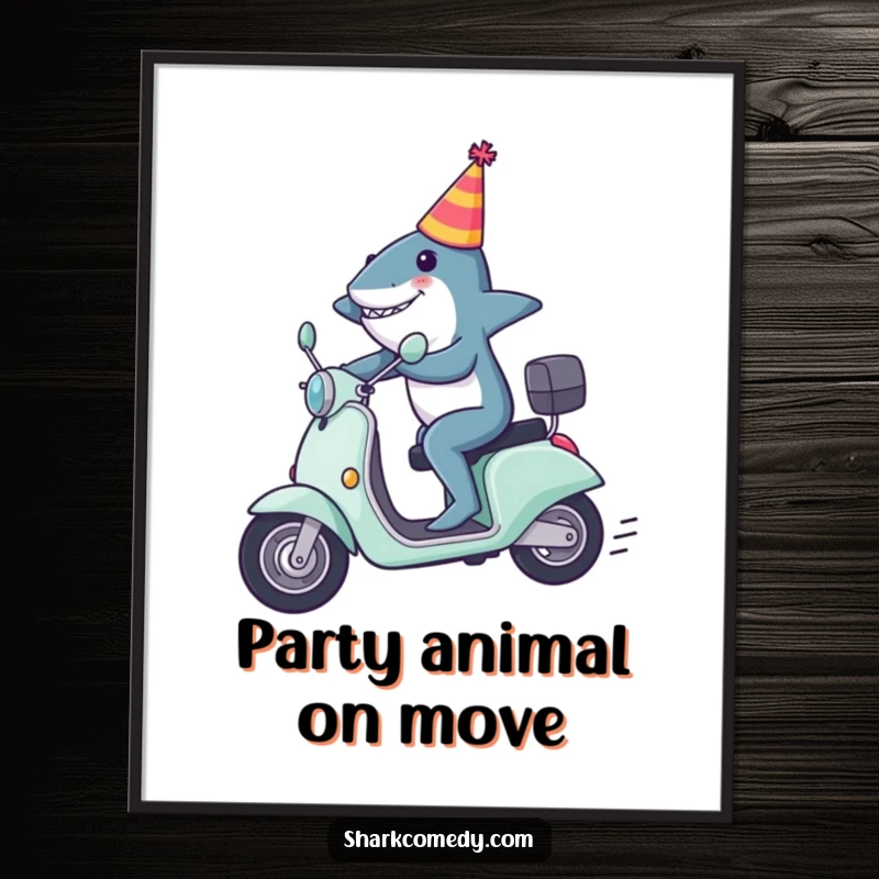 Funny shark poster featuring a shark in a party hat zooming on a scooter, capturing a moment of pure, zany celebration.