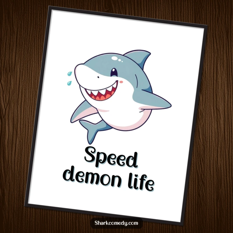 Funny poster of a happy, determined shark sprinting furiously with sweat drops flying, symbolizing speed, power, and unwavering focus.