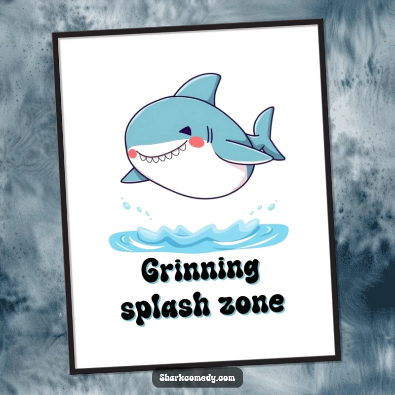 Funny Small Shark Poster showcasing a small shark with a silly grin, leaping energetically out of the water, perfect for humorous decor.