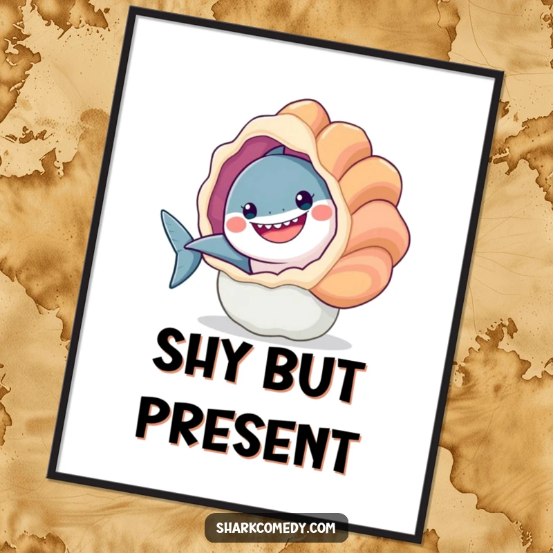 Funny poster art: a smiling shark playfully peeks from behind a large, vibrant seashell. Captures a sense of wonder and humor.