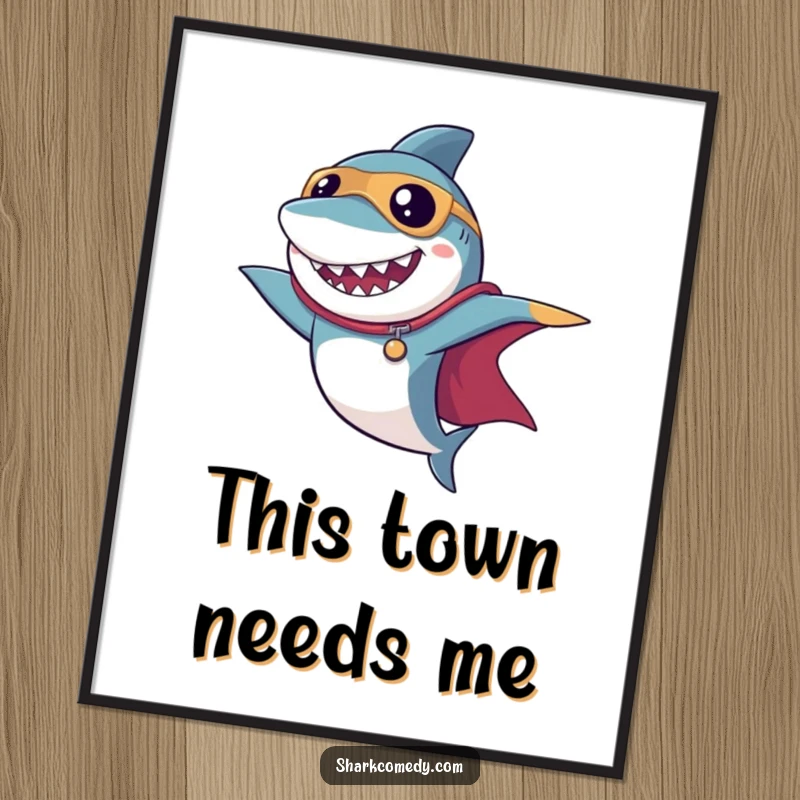 Funny superhero shark poster in a dramatic pose with a cape, capturing a powerful and humorous moment for wall art.
