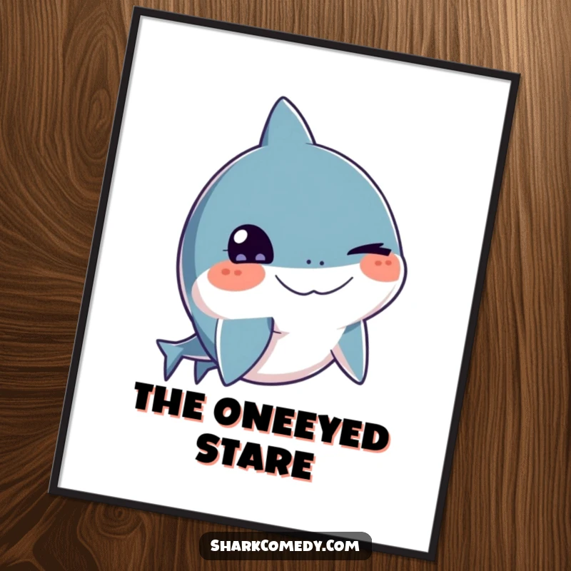 Funny shark poster with a bold wink, cheeky marine art print, vibrant wall decor, excellent funny gift.