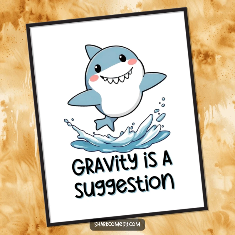 Funny poster art of a little shark energetically leaping from the ocean with a comically surprised grin, capturing aquatic surprise.
