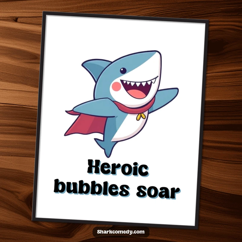 Funny Poster depicting a shark in a cape, flying joyfully, symbolizing heroism and freedom.