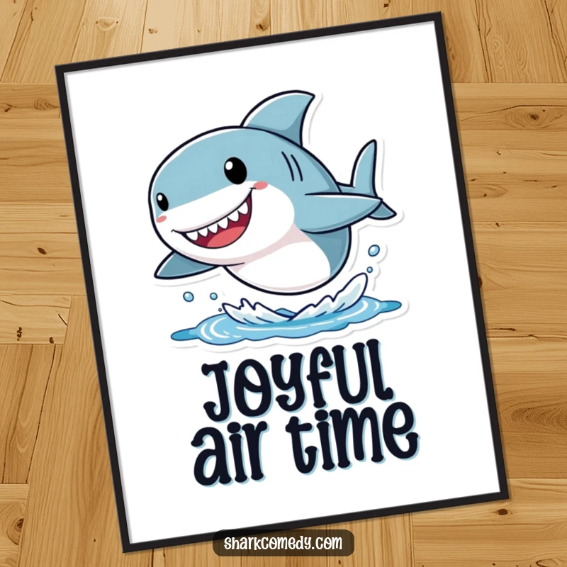 Funny shark poster art of a small character with an oversized head, joyfully leaping from the water, perfect for adding a humorous and energetic touch.