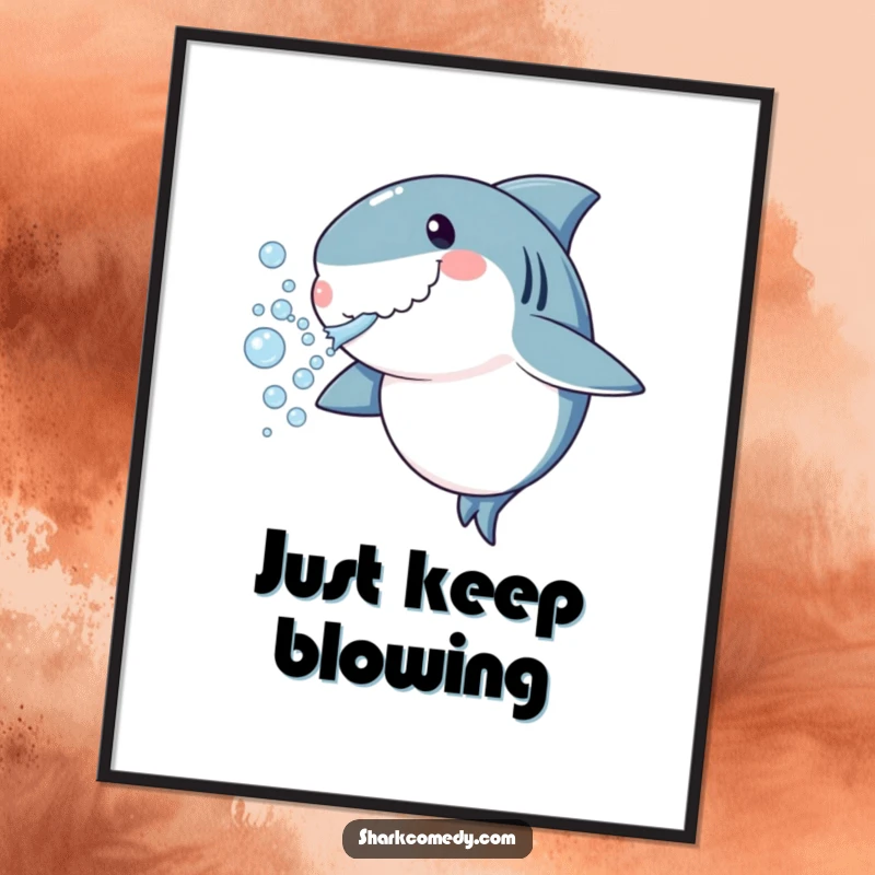 Funny shark poster blowing bubbles, playful underwater art print, vibrant wall decor and unique funny gift.