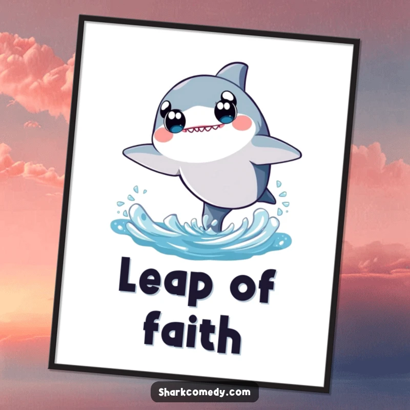 Kawaii shark poster print of a shark with very wide eyes, joyfully leaping energetically from the water with a happy, cute expression.