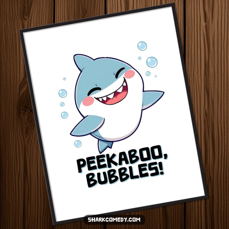 Funny poster print of a cute, kawaii shark giving a mischievous wink while playfully chasing bubbles, creating a lively and fun visual.