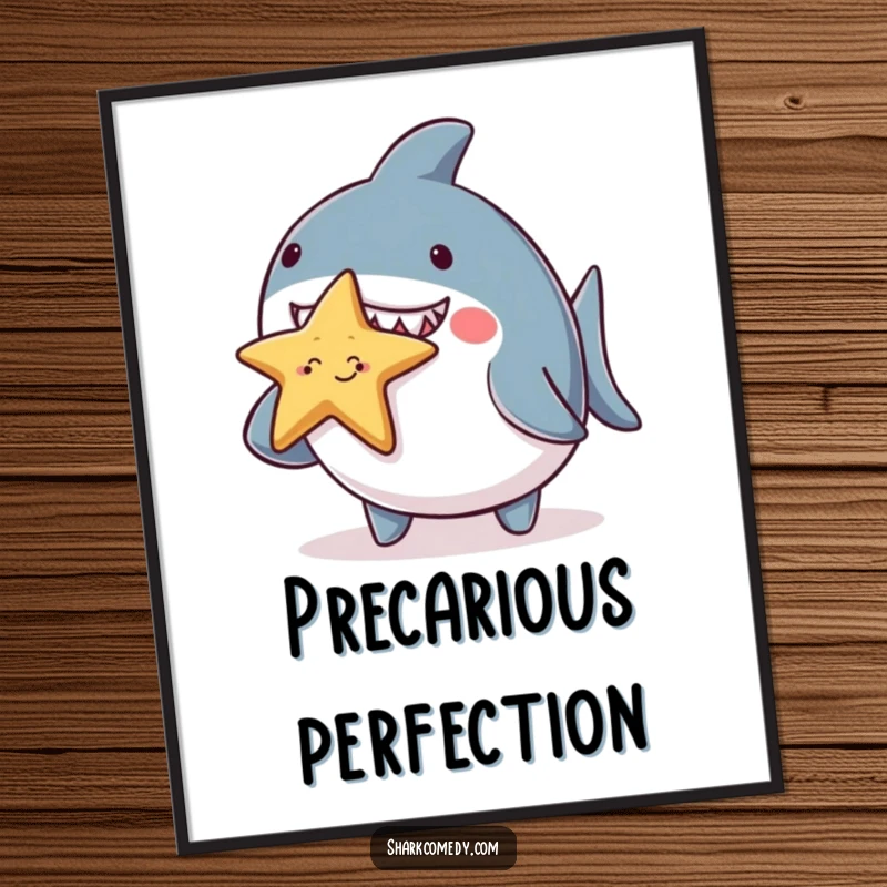 Funny chubby shark character poster, hilariously balancing a tiny smiling starfish on its nose, creating a heartwarming and humorous visual display.