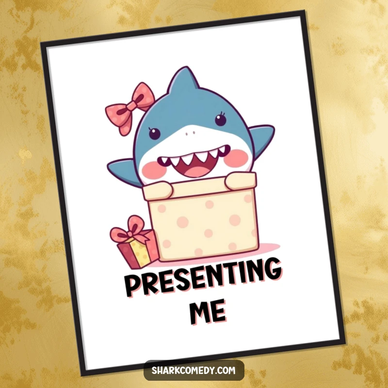 Funny kawaii shark poster art of a shark peeking from a gift box in surprise, perfect for humorous wall decoration.