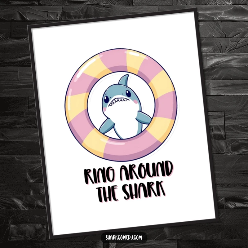 Funny shark peeking from behind an inflatable ring, presented as vibrant wall art, bringing pool humor indoors.