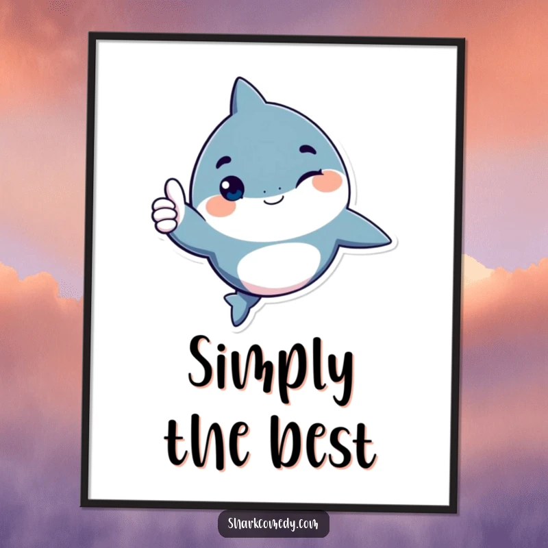 Funny shark character poster, giving a playful wink and a thumbs up, a humorous and uplifting artwork for wall decoration.