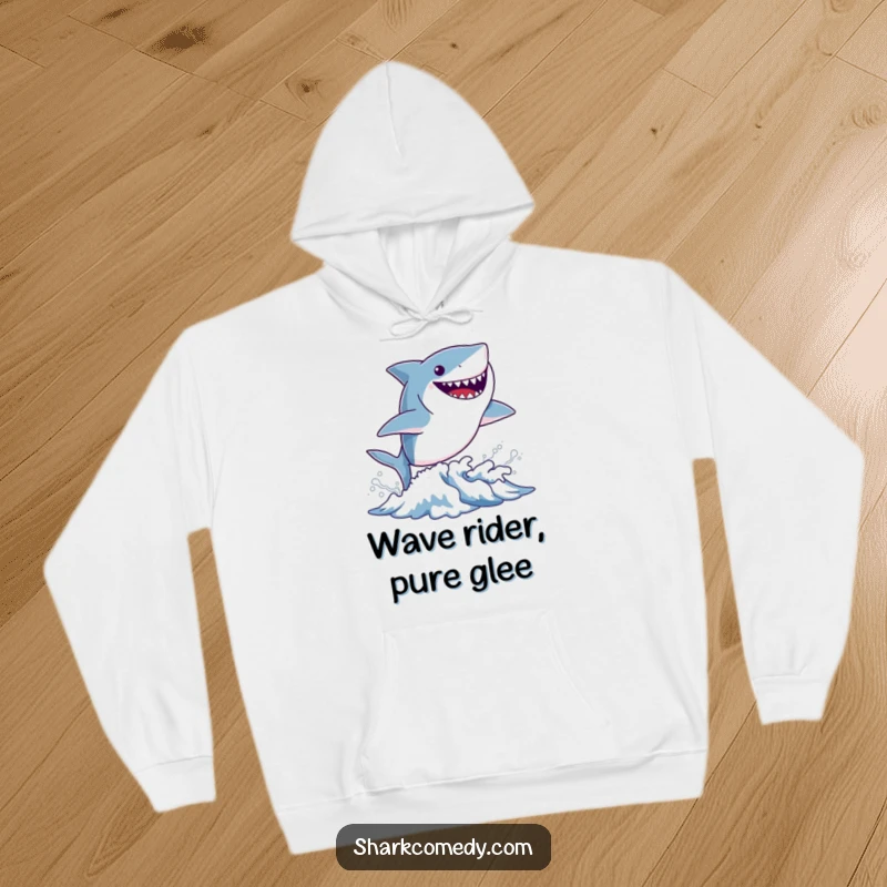 Funny tiny shark hoodie featuring a small shark leaping from a wave with a wide, happy grin, perfect for cozy ocean vibes.
