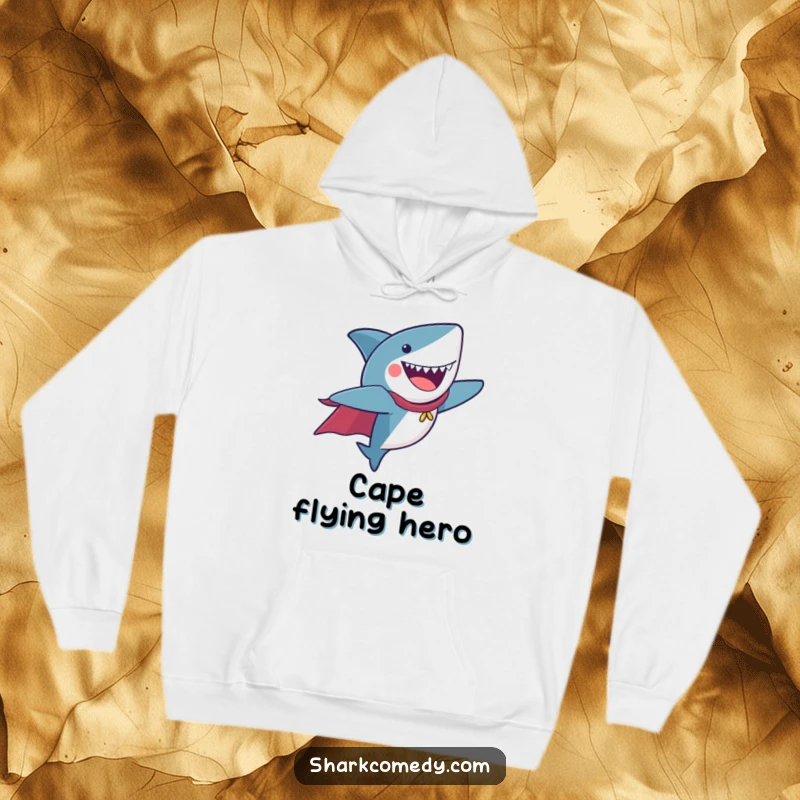 Funny Hoodie featuring a shark in a cape, flying with joy, offering warmth and superhero vibes.