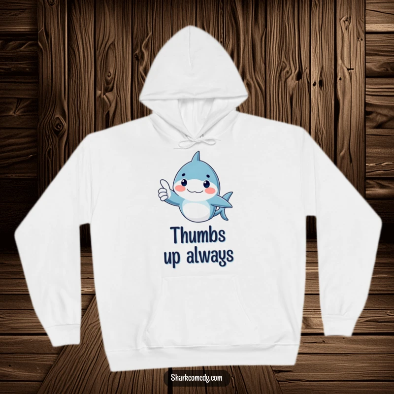 Funny Hoodie featuring a rosy-cheeked shark giving a thumbs up, offering warmth and positive vibes.
