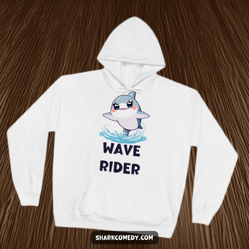 Soft hoodie featuring a kawaii shark with large, expressive eyes, joyfully leaping out of stylized water waves with a cheerful demeanor.