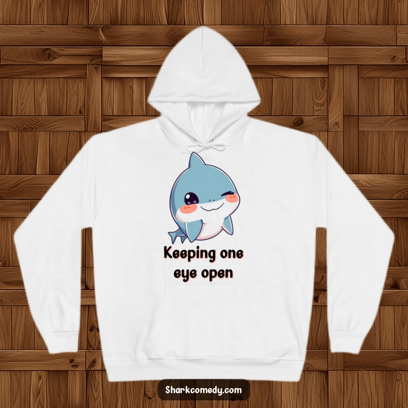 Funny shark hoodie with a mischievous wink, cozy marine design, warm and witty wear, excellent funny gift.