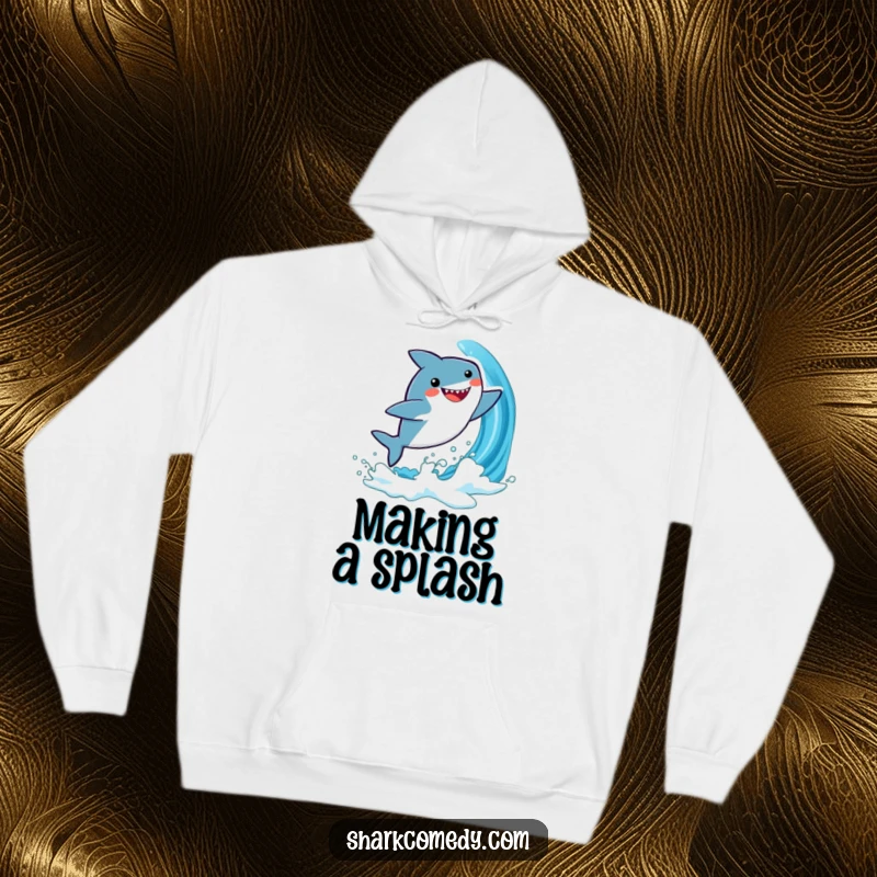 Funny hoodie illustration: a cute, kawaii shark jumping joyfully from a blue wave, exuding playful energy and comfort.