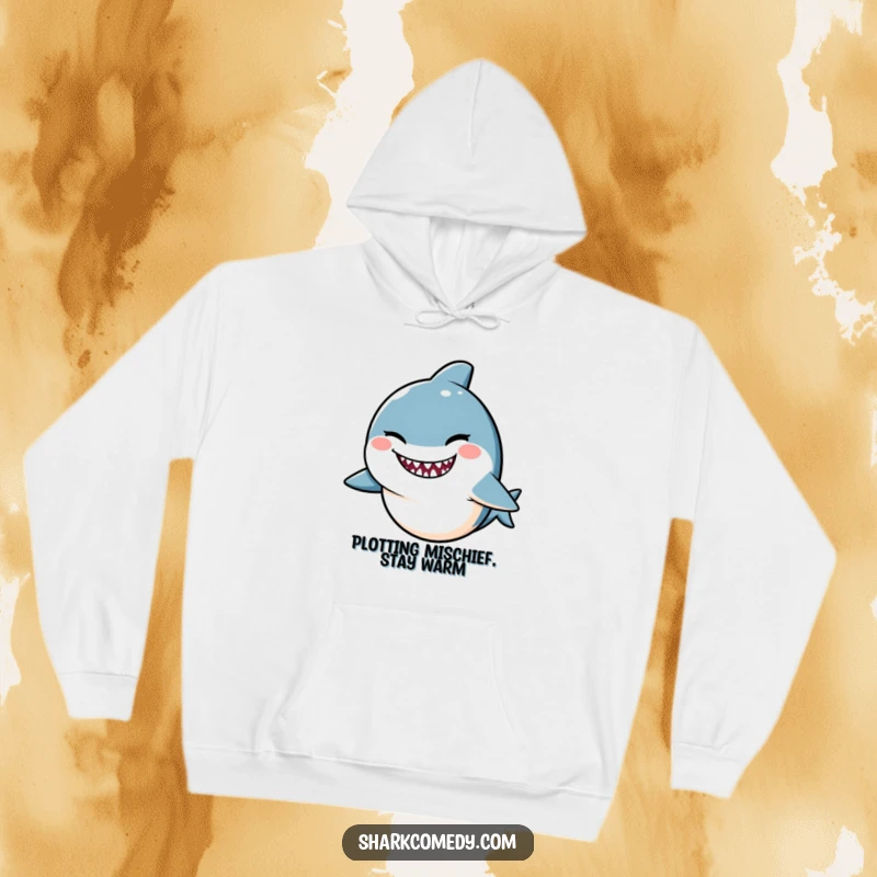 Funny Kawaii shark hoodie, a cute shark winking with a mischievous smile, offering cozy, playful vibes.