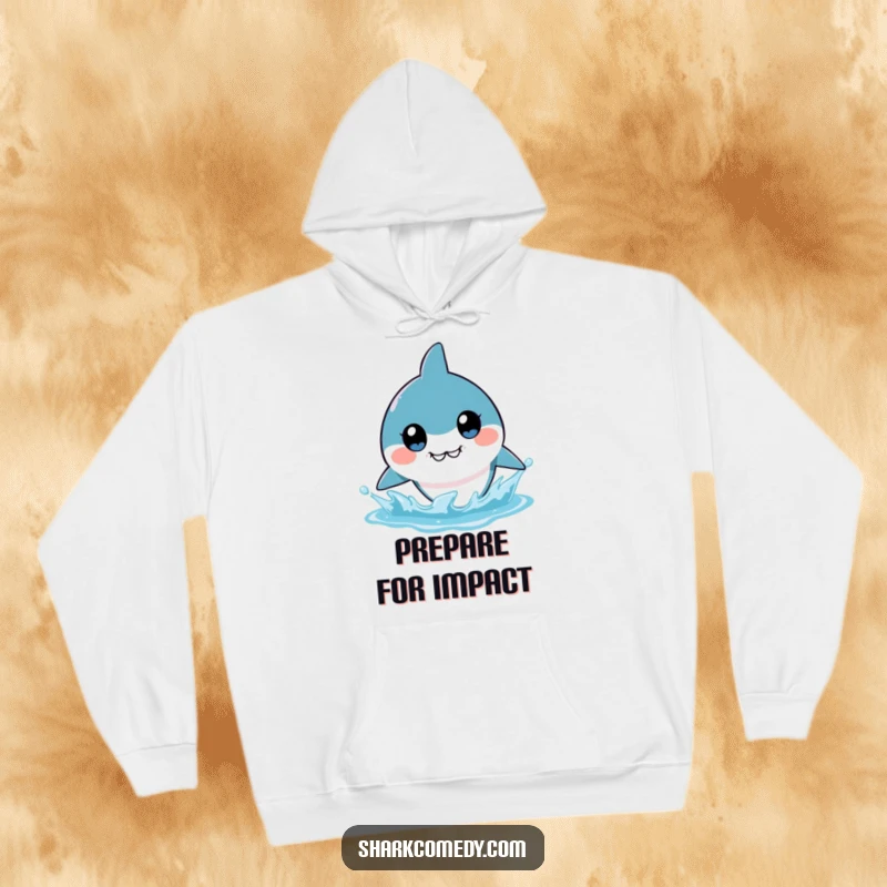 Funny warm hoodie featuring a kawaii shark with enormous eyes, preparing for a big water splash, perfect for cozy humor and gifting.