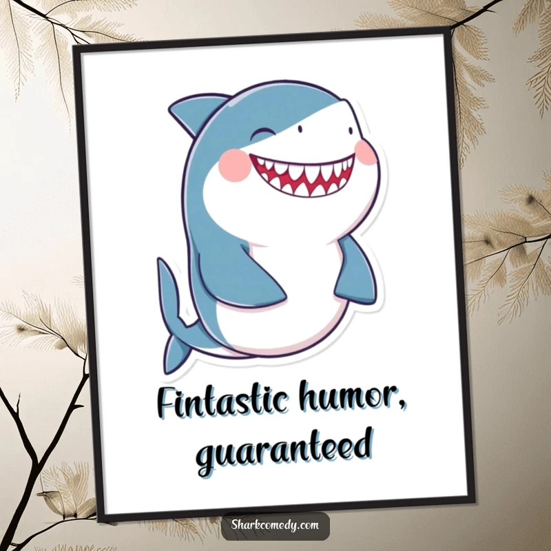 Funny Free Printable Wall Art: A shark holding its round belly and giggling uncontrollably, creating humorous downloadable decor.