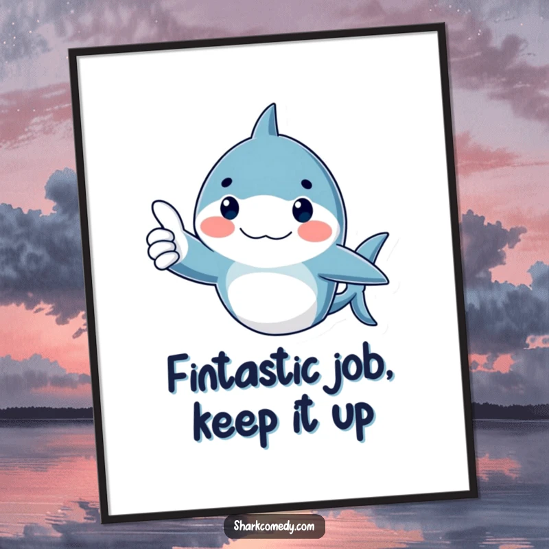 Funny Free Printable wall art: A rosy-cheeked shark gives a big thumbs up with a happy expression, radiating positivity.