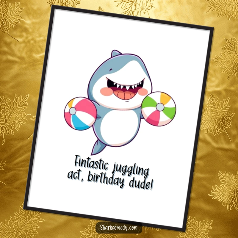Funny Free Printable Wall Art of a grinning shark masterfully juggling three colorful beach balls with a cheerful expression.