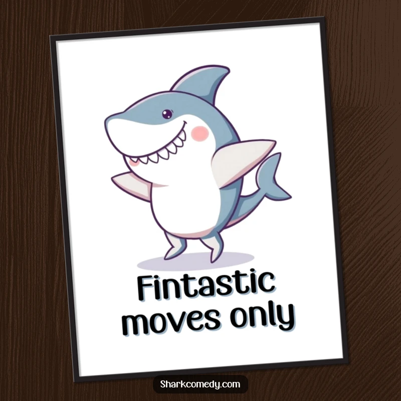 Funny Free Printable Wall Art showcasing a shark doing a hilariously clumsy dance with a goofy smile and wobbly fins.