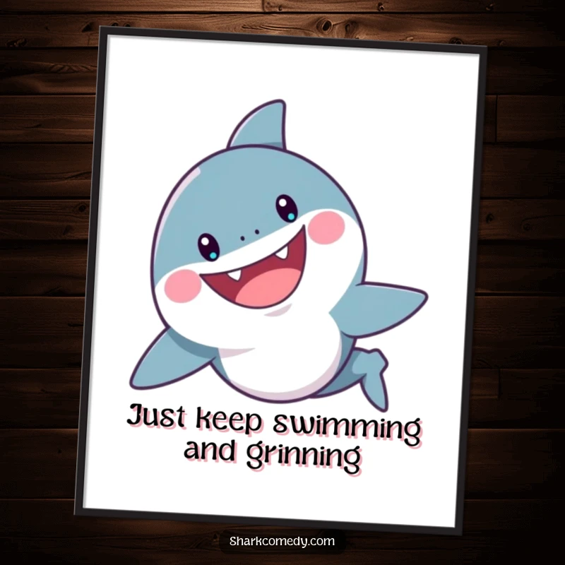 Funny Free Printable Shark Wall Art: Cheerful shark swims with a playful grin, downloadable art for home decor.