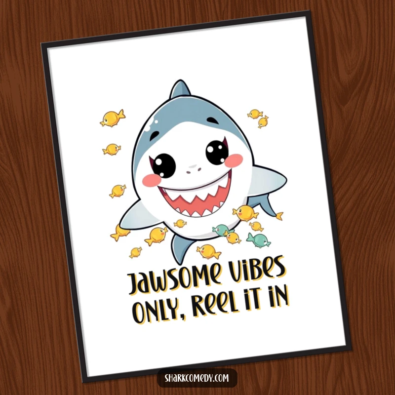 Funny Free Printable Wall Art: A kawaii shark with a wide grin juggling tiny fish, great DIY wall art.