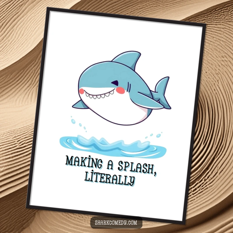 Funny Free Printable Wall Art: A small shark with a silly grin leaping high out of the water.