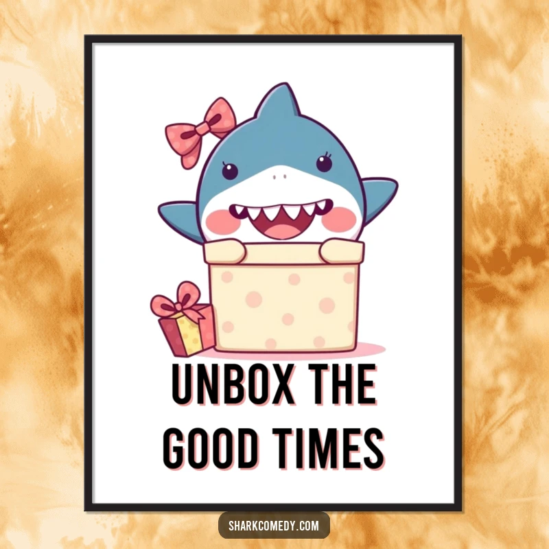 Funny Free Printable Wall Art: Charming kawaii shark curiously peeking from a gift box, creating a sense of playful surprise.