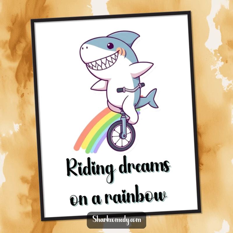 Funny Free Printable Wall Art: A goofy-grinning shark joyfully riding a unicycle across a bright rainbow. Whimsical downloadable art.